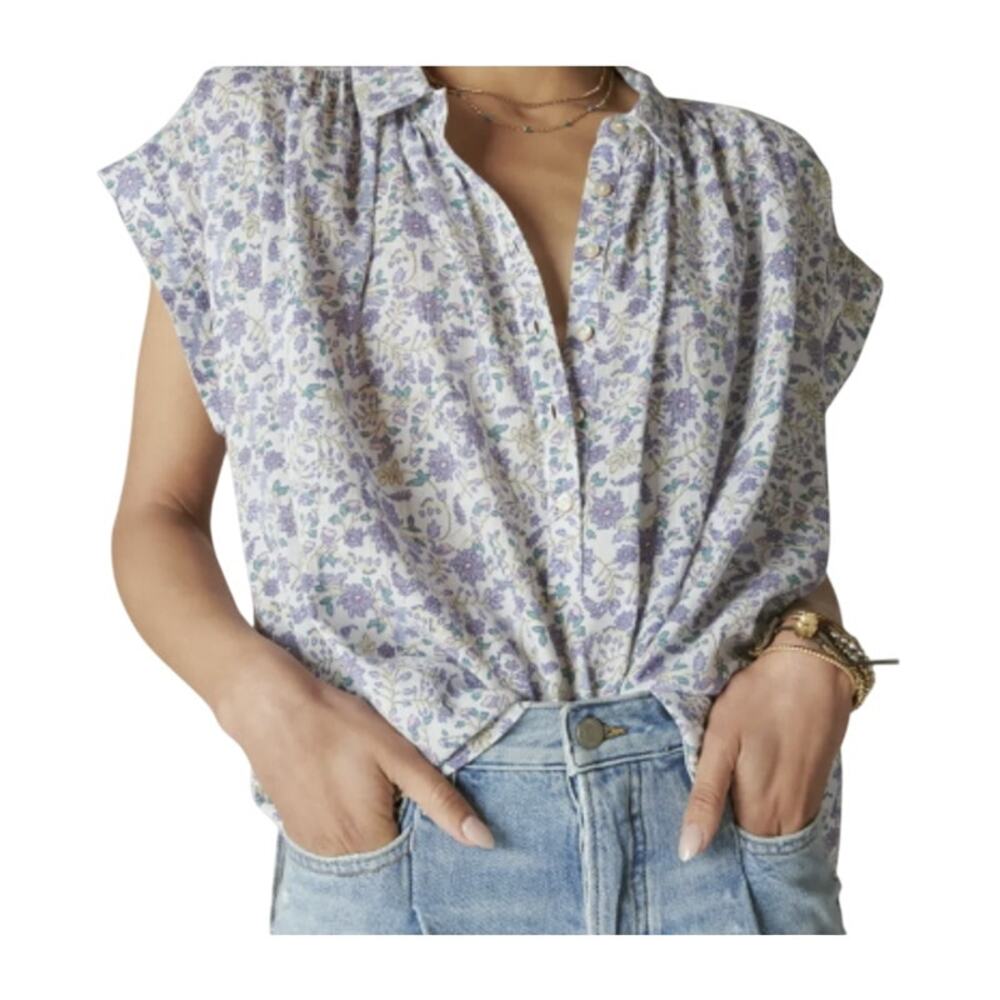 NEW Lucky Brand Size L Oversized Boxy Floral Purple Cream Popover Blouse Top